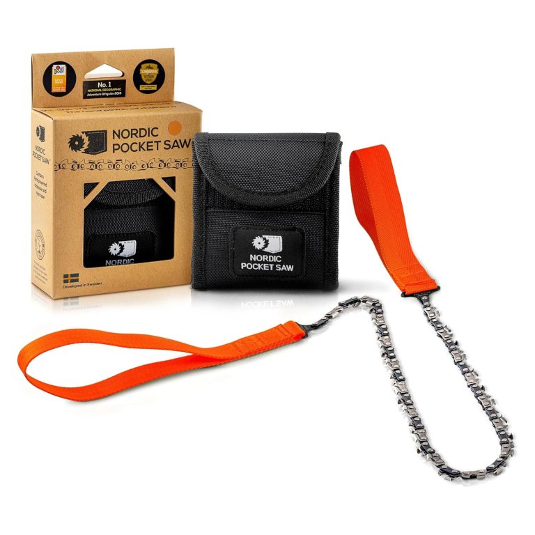 The Nordic 25.6-Inch Pocket Chainsaw next to its bag and box on a white background