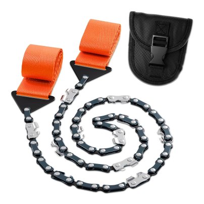 The Vikrom Pocket Chainsaw next to its carry bag on a white background