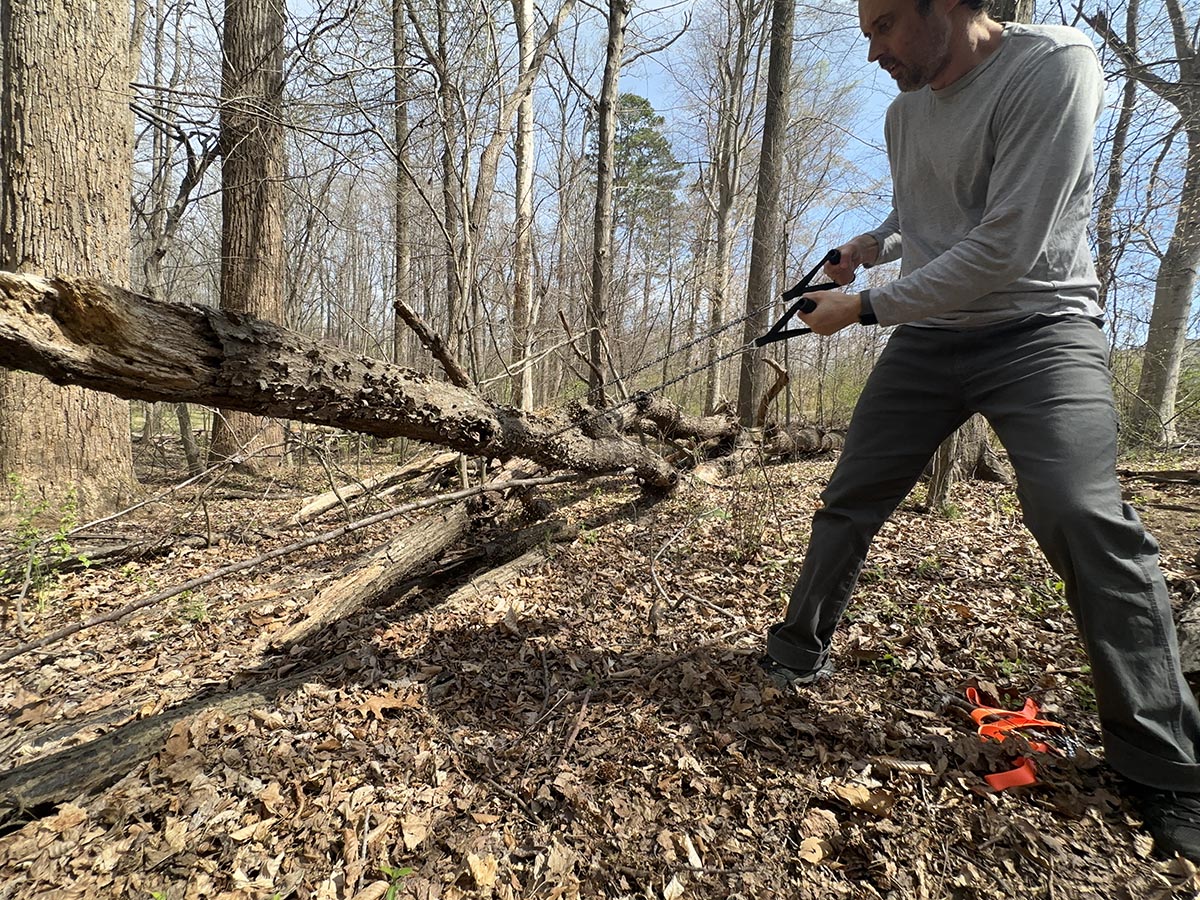 A person using one of the best pocket chainsaws to cut a fallen branch