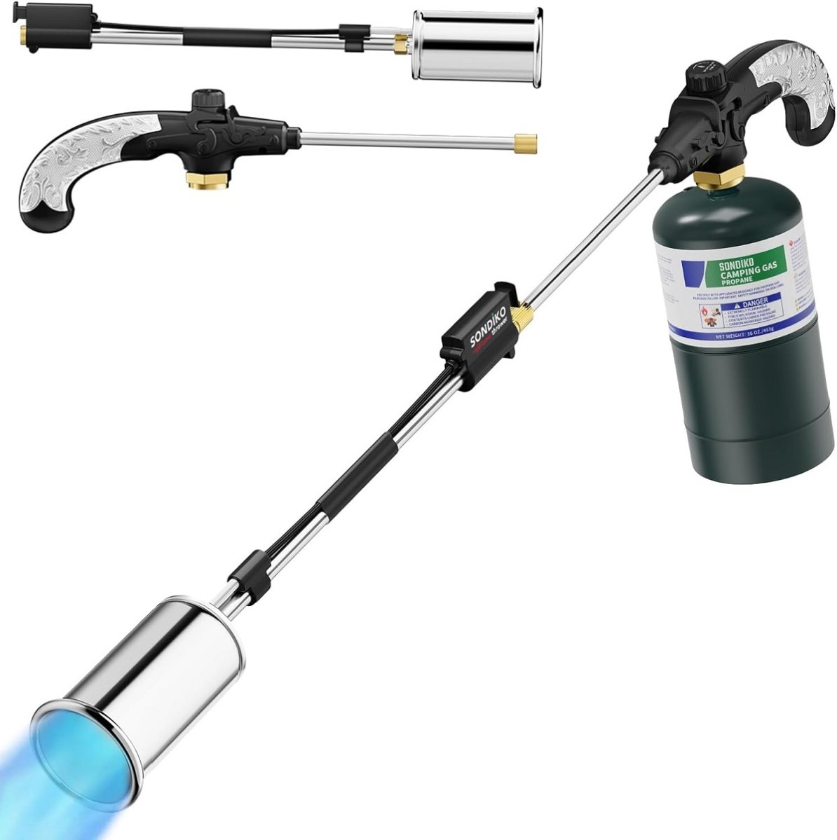 A weed torch and different parts. 