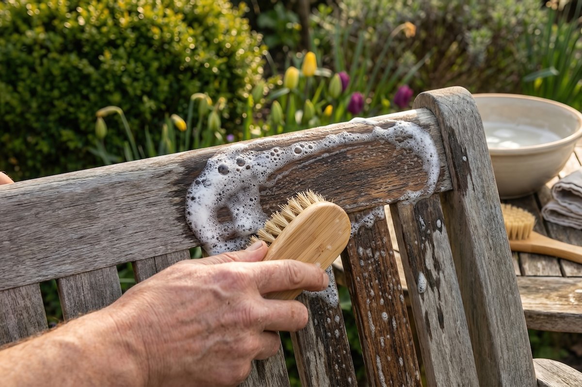 Close up of a person's hand holding a soapy wood scrub brush, cleaning a weathered wooden patio chair outdoors.
