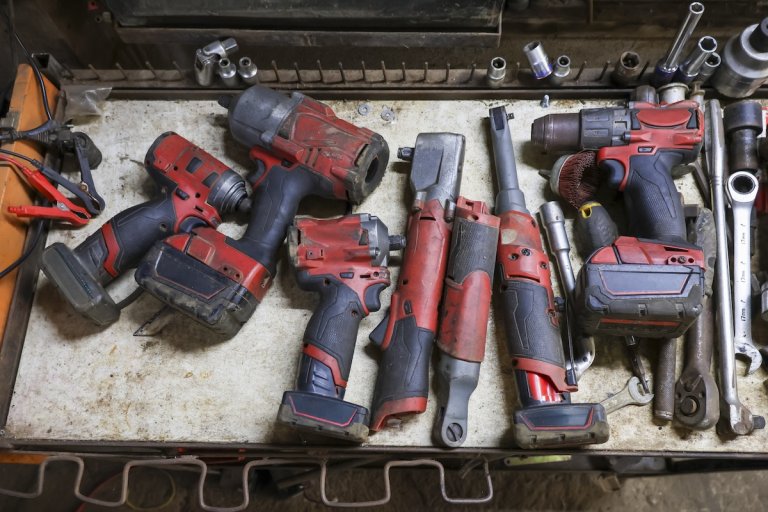 A set of dated power tools.