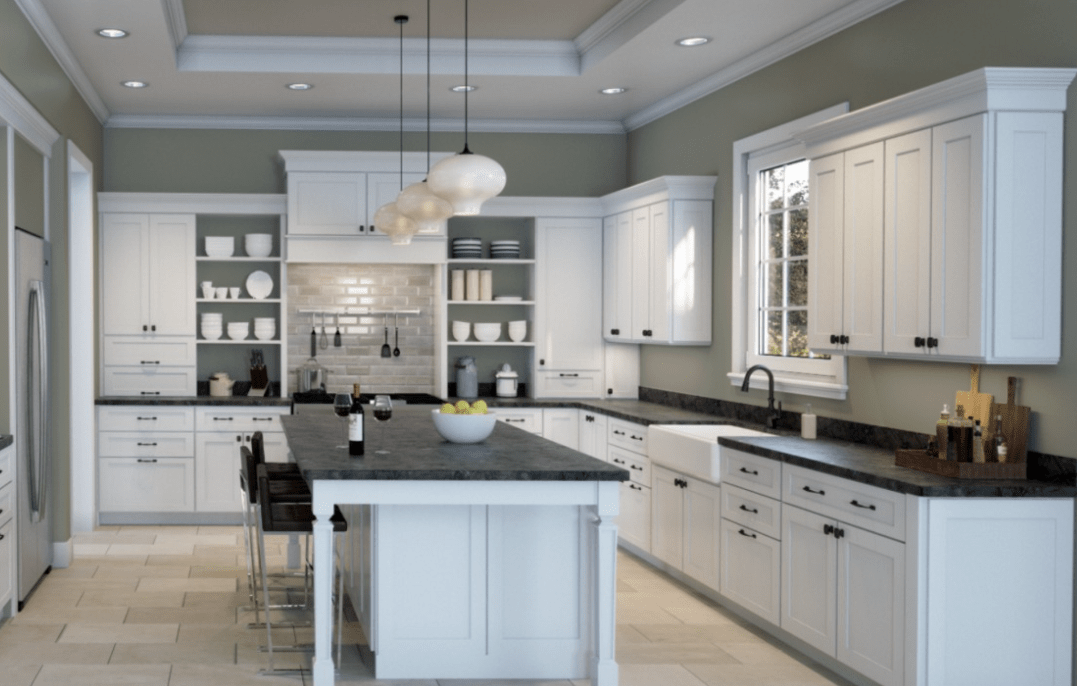 Modern kitchen with walls painted Evergreen Fog paint color by Sherwin-Williams