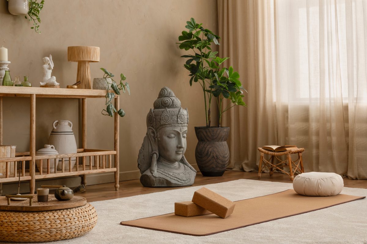 Yoga and meditation room with a mat, cork blocks, and greenery.