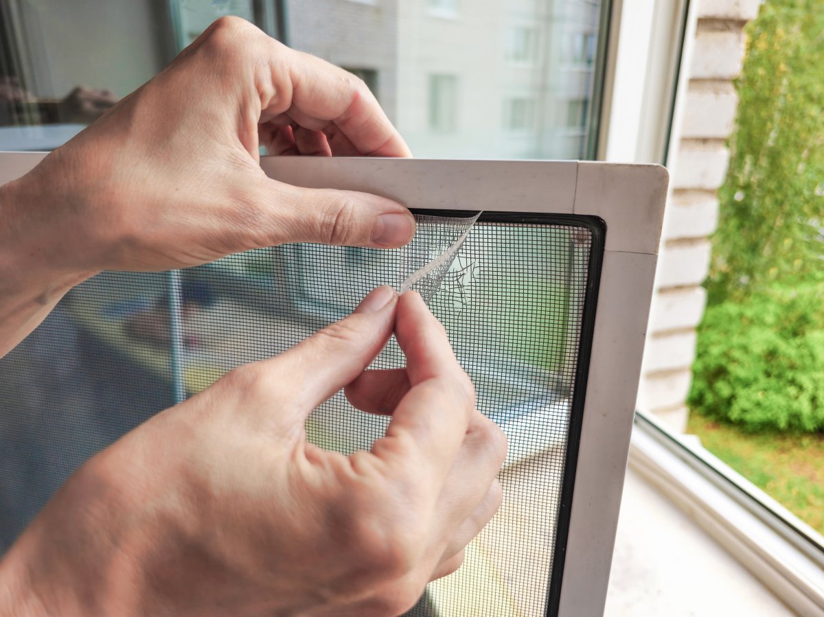 Close up of man's hands fixing a broken window screen with clear tape.