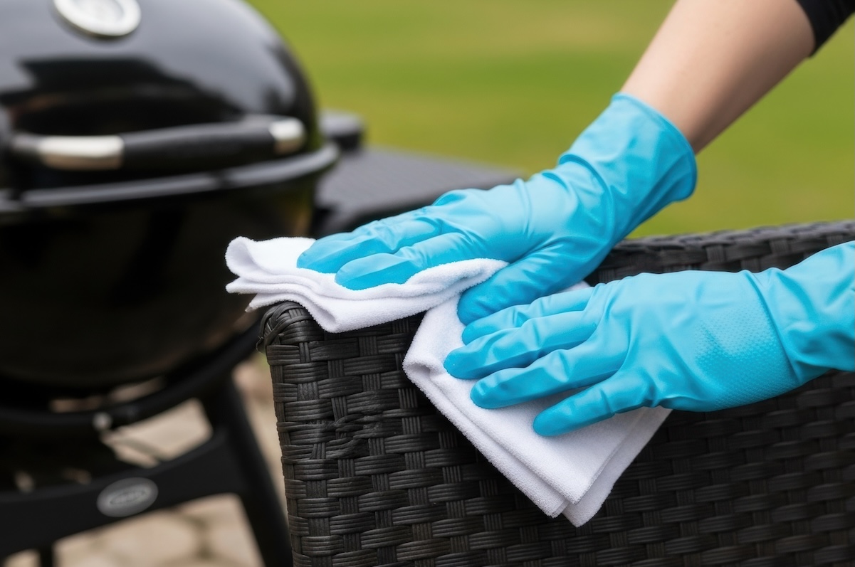Person wearing blue nitrle gloves uses a white cloth to clean outdoor wicker chair, with a barbecue grill in the background. 