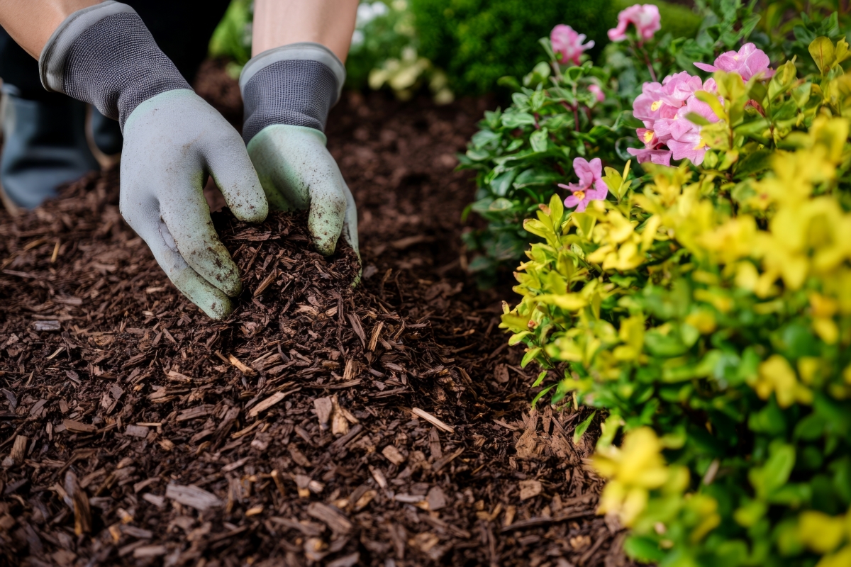 Gardener placing wood mulch along flowers.