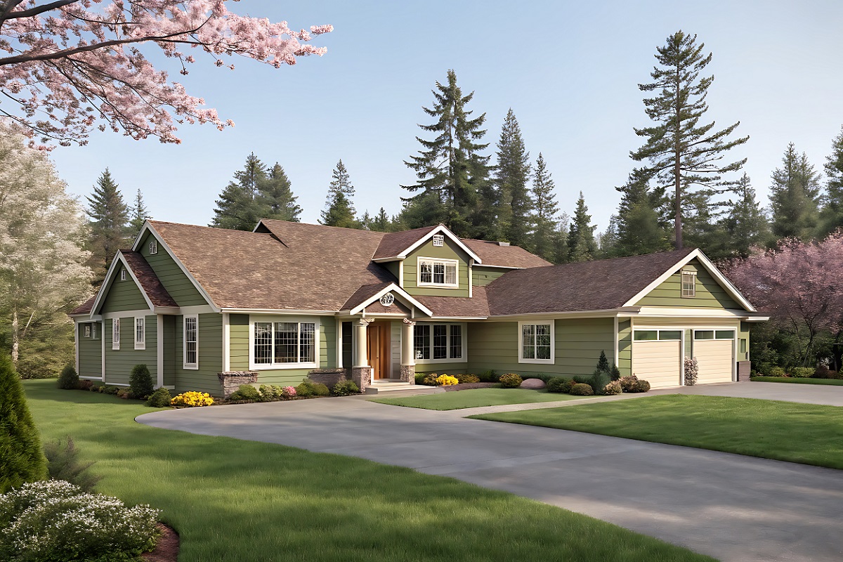 Stylish Green House with Lush Landscaping. A picturesque, well-maintained, two-story house with a light sage green exterior, sits amidst lush greenery and mature trees.