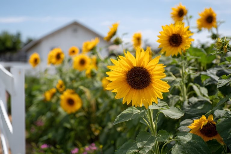 Sunflower garden under bright summer sunlight.