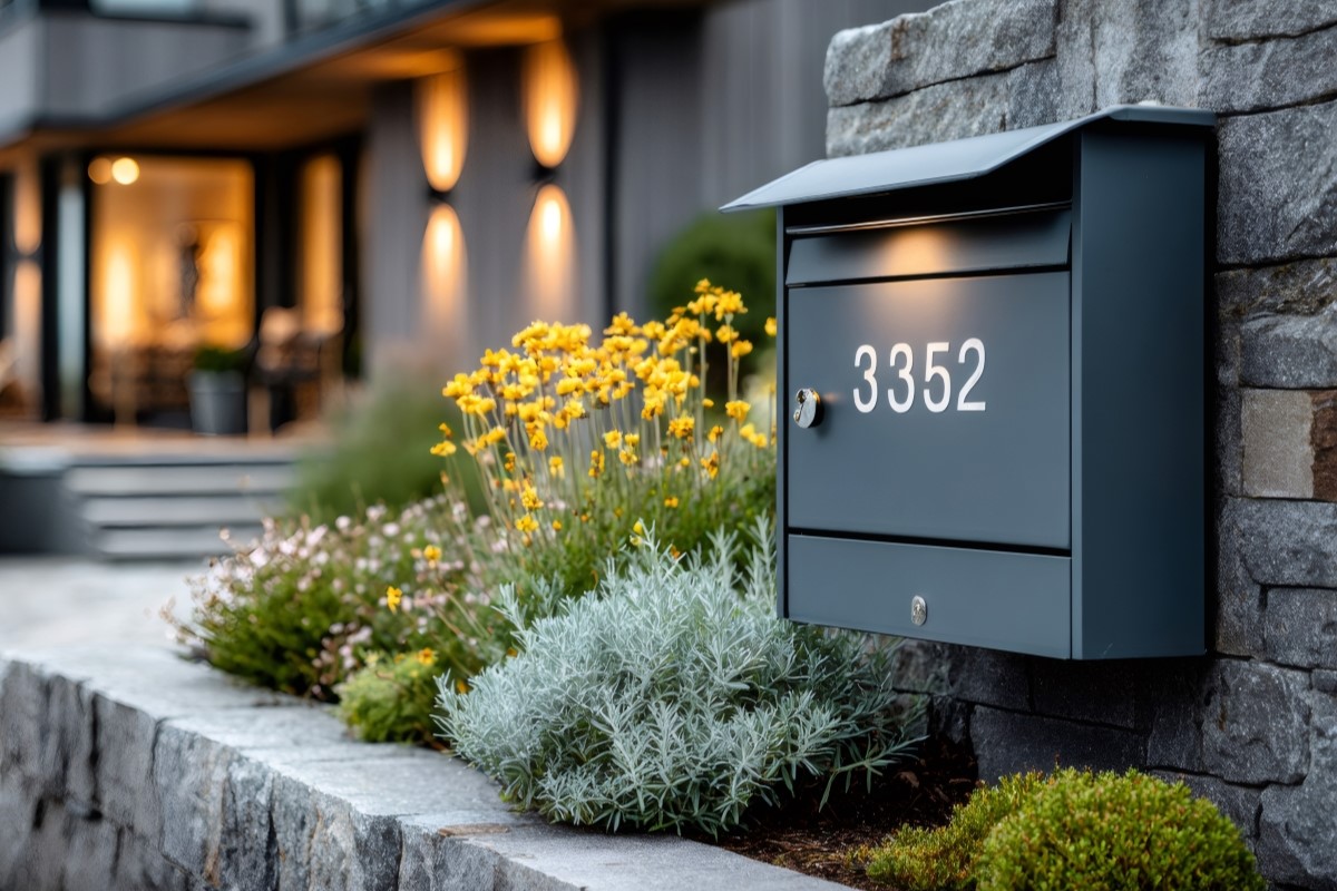 Modern gray mailbox with house number 3352 on stone wall by a garden.