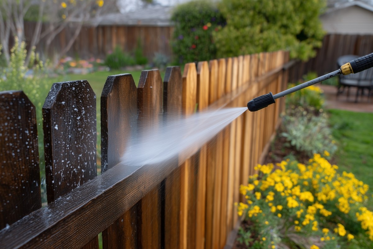 Close-up perspective of a wooden fence during pressure washing.
