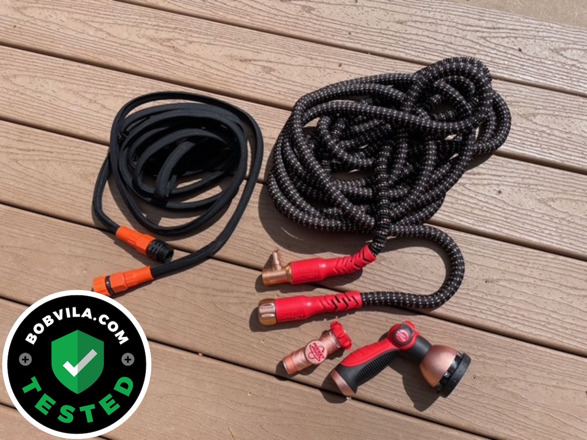 Two of the best expandable hoses on a deck after testing