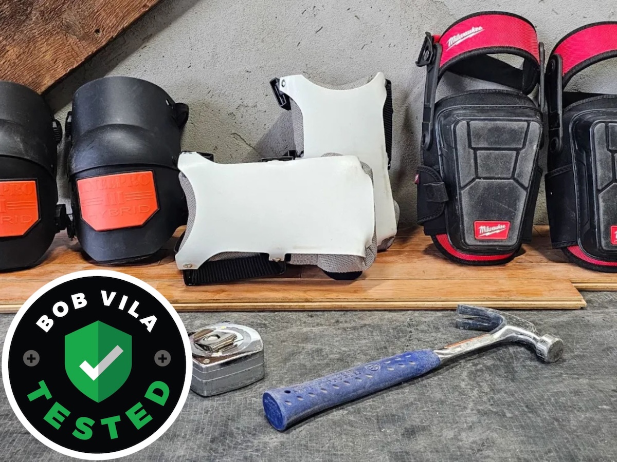 A group of the best knee pads in a work area before testing with the Bob Vila tested logo in the corner