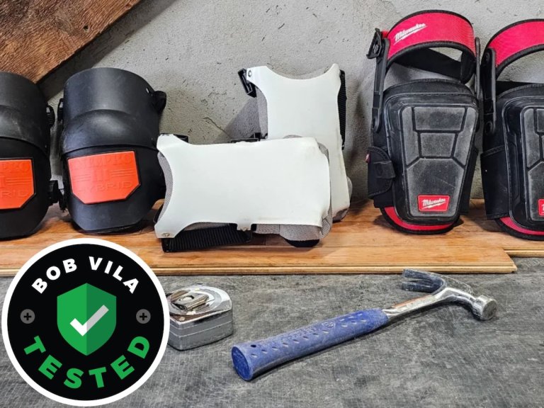 A group of the best knee pads in a work area before testing with the Bob Vila tested logo in the corner