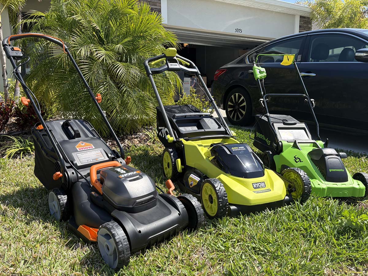 3 of the Best Lawn Mowers for Small Yards outside before testing