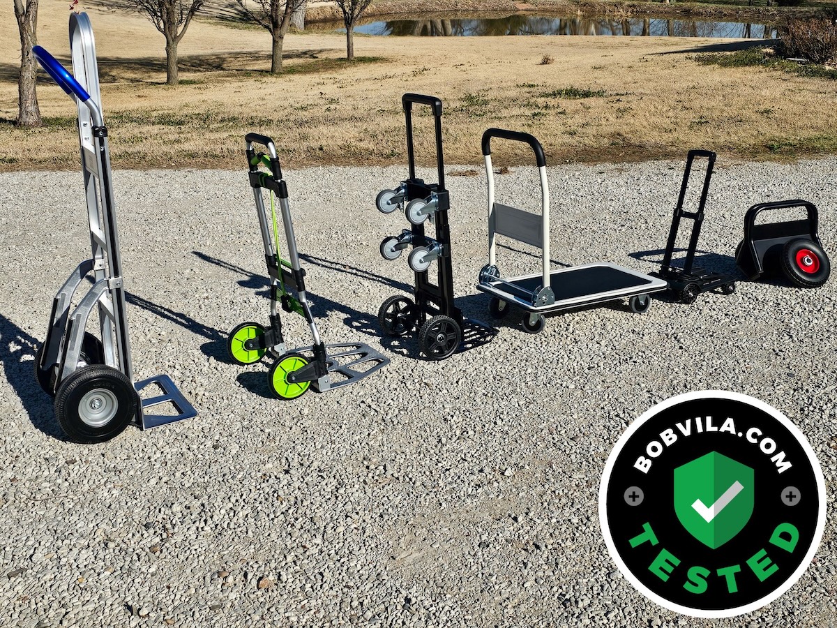 A lineup of the best hand trucks outside before testing