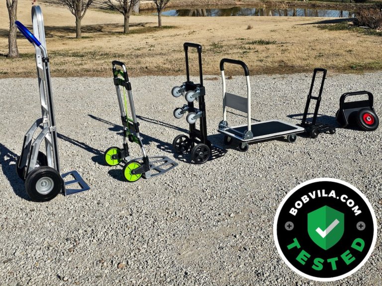 A lineup of the best hand trucks outside before testing