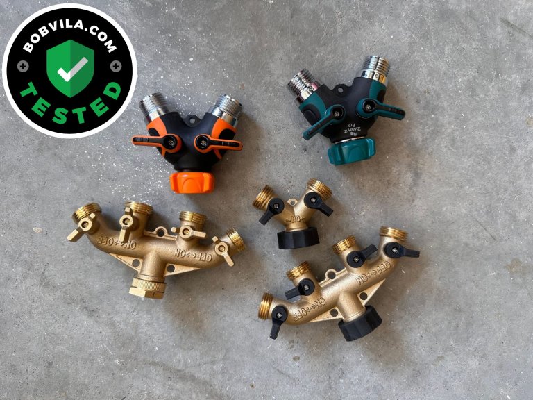 A group of the best hose splitters on a concrete floor before testing