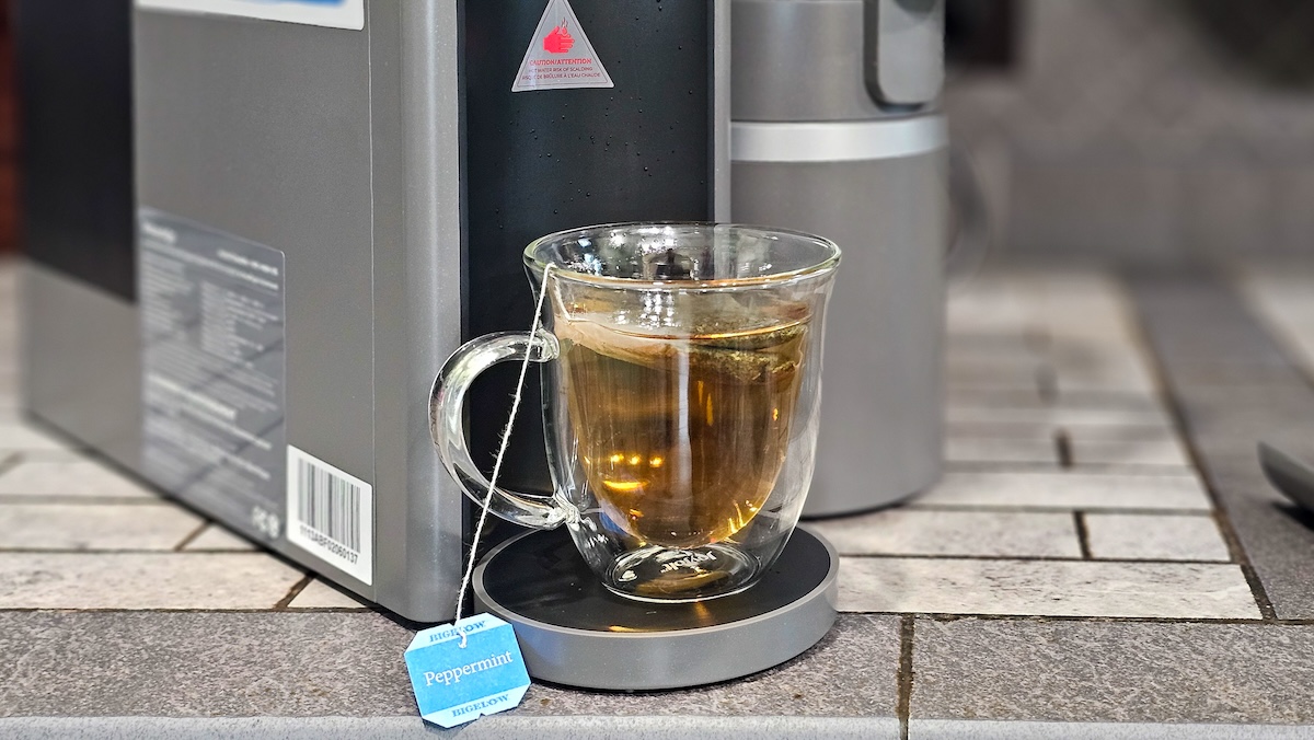 A cup of hot tea steeping after using the Waterdrop M6H to dispense hot water into it