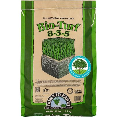 A bag of Down to Earth Bio-Turf 8-3-5 All Natural Fertilizer on a white background