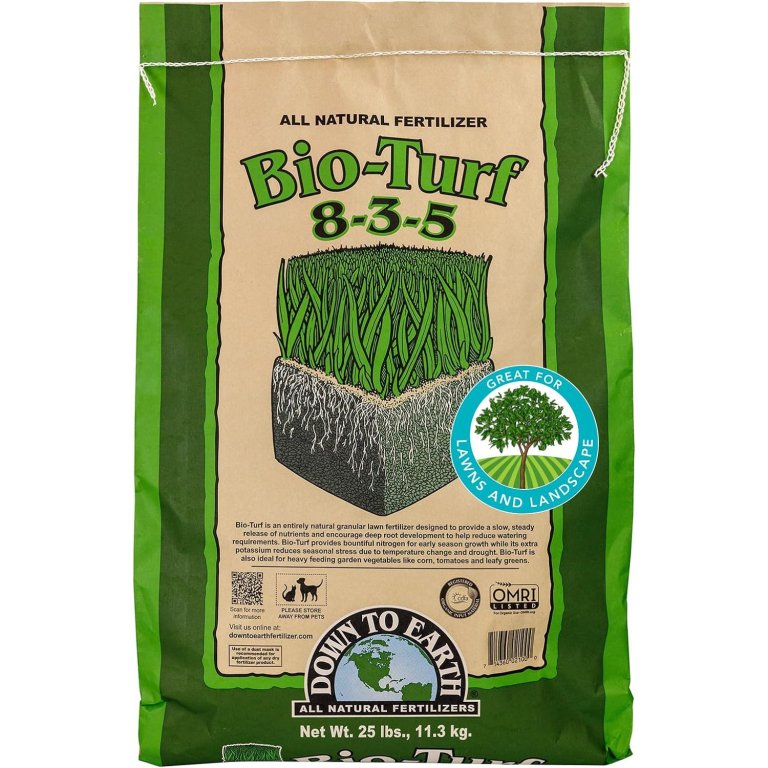 A bag of Down to Earth Bio-Turf 8-3-5 All Natural Fertilizer on a white background