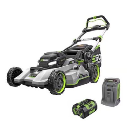The Ego Power+ 21” Select Cut Self-Propelled Mower with battery and charger on a white background