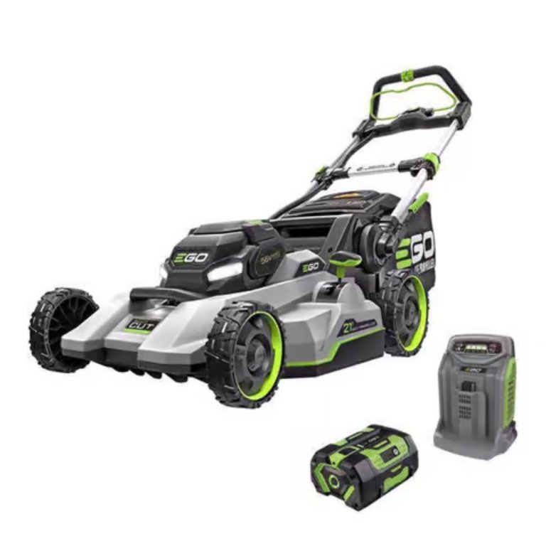 The Ego Power+ 21” Select Cut Self-Propelled Mower with battery and charger on a white background