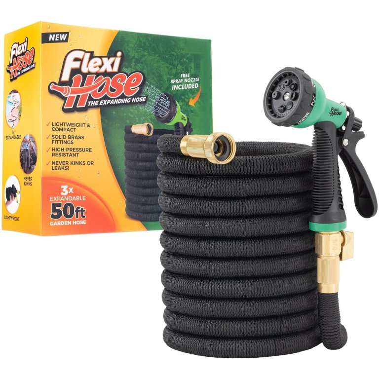 the Flexi Hose Expandable Hose With 8-Function Nozzle with its packaging on a white background