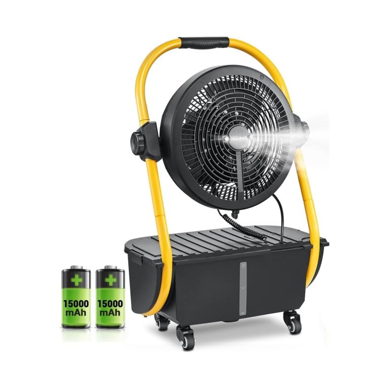 The Geek Aire Battery-Operated Outdoor Misting Fan next to two batteries on a white background