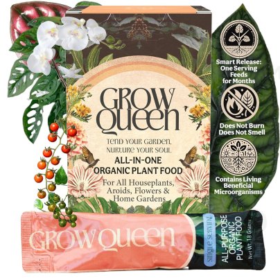 A box and individual packet of Grow Queen All-in-One Complete Organic Plant Food on a white background with certifications next to it