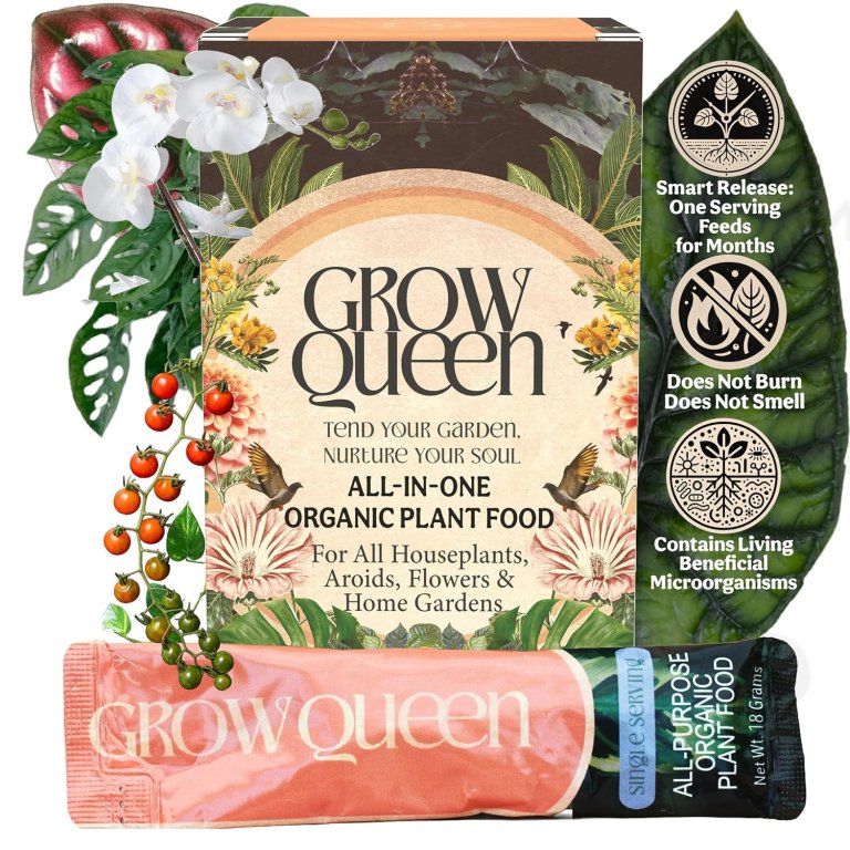 A box and individual packet of Grow Queen All-in-One Complete Organic Plant Food on a white background with certifications next to it