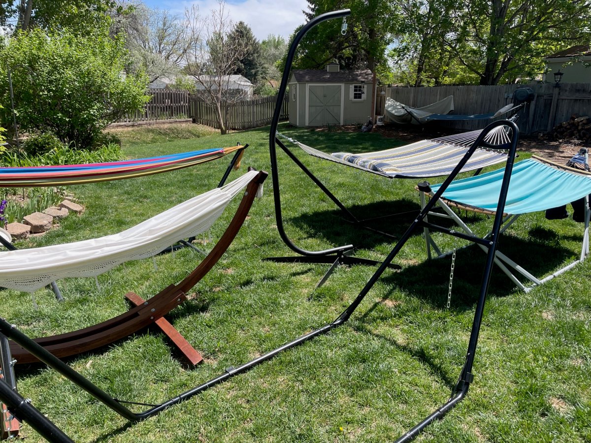 A group of the best hammock stands together in a yard during testing