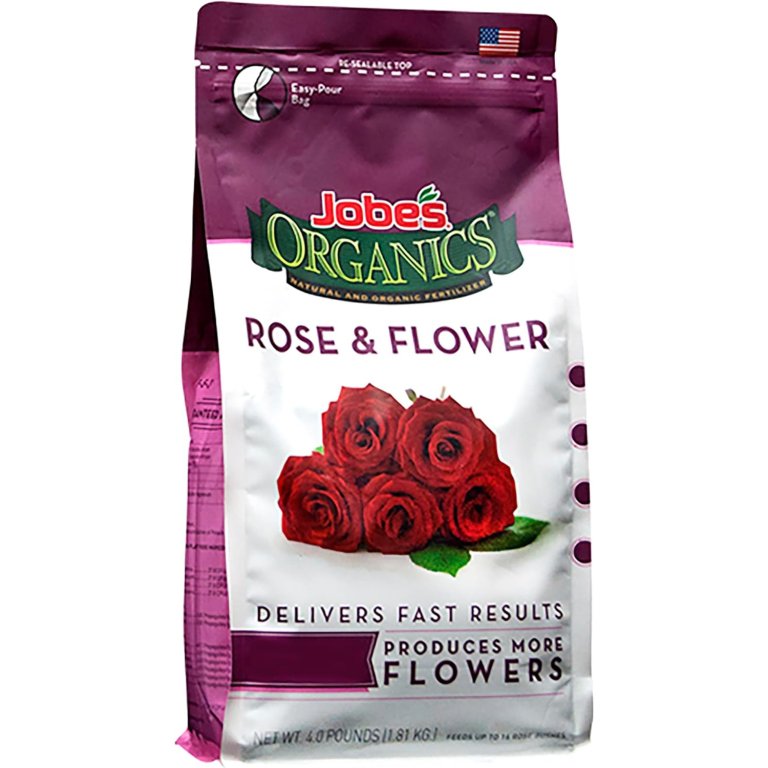 A bag of Jobe’s Organics Granular Rose Fertilizer on a white background