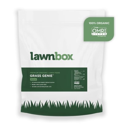 A bag of Lawnbox Grass Genie 10-0-6 on a white background