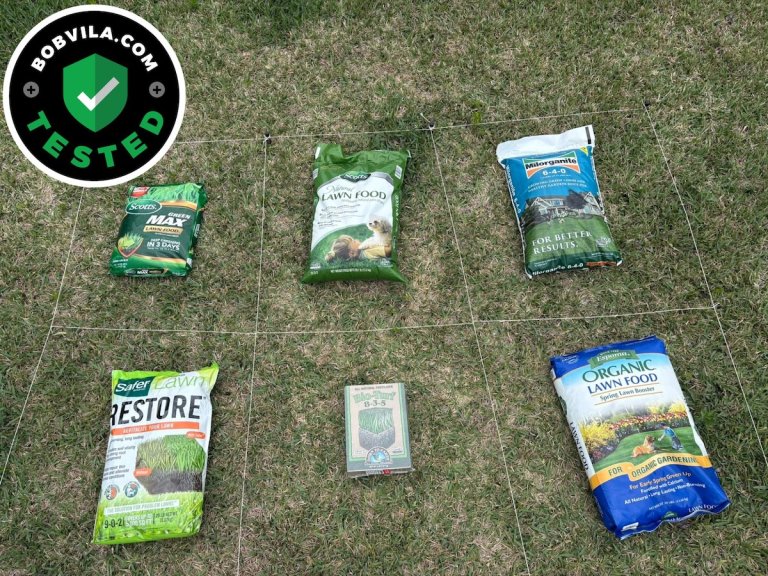 A group of the best lawn fertilizers laid out on grass with a grid for testing