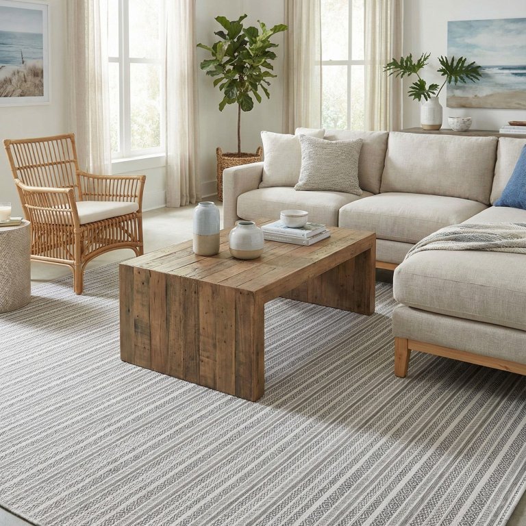 Memorial Day Deals at Rugs com Beige 10' x 14' Easy-Clean Ribbon Indoor Outdoor Rug