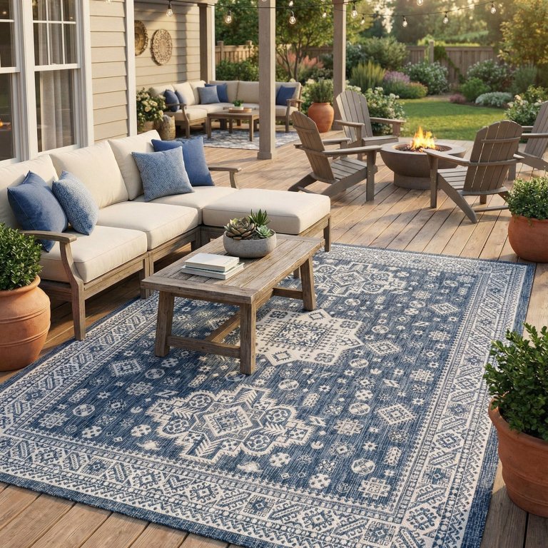 Memorial Day Deals at Rugs com Blue 9' x 12' Easy-Clean Aztec Indoor Outdoor Rug