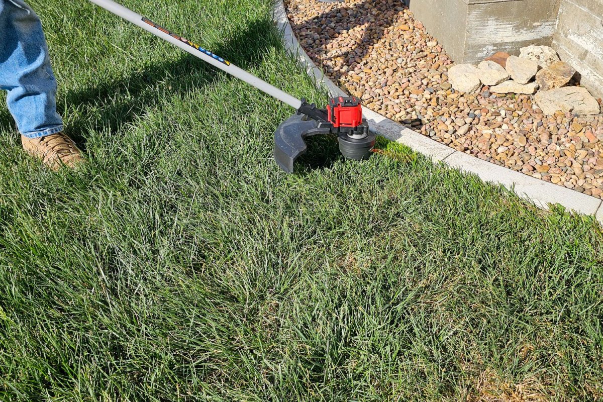 Milwaukee battery string trimmer edging around bed