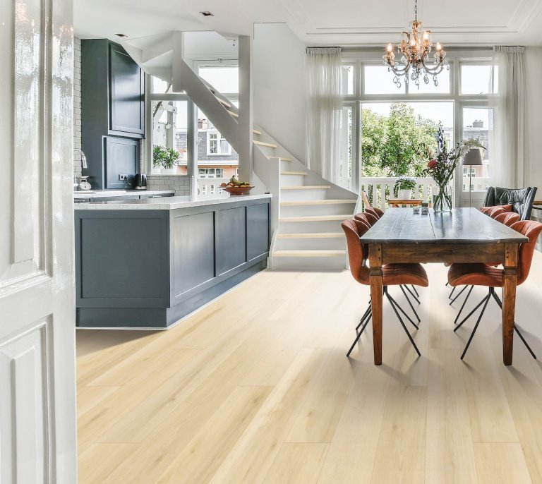 Mohawk SolidTech Plus Luxury Vinyl Plank Flooring installed in an open-plan kitchen and dining room
