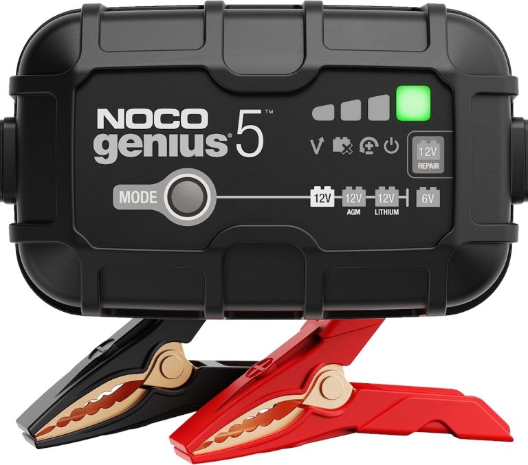 The NOCO Genius 5 Smart Battery Charger on a white background