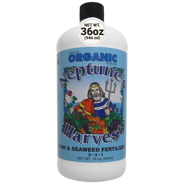 A bottle of Neptune’s Harvest Fish & Seaweed Liquid Fertilizer on a white background