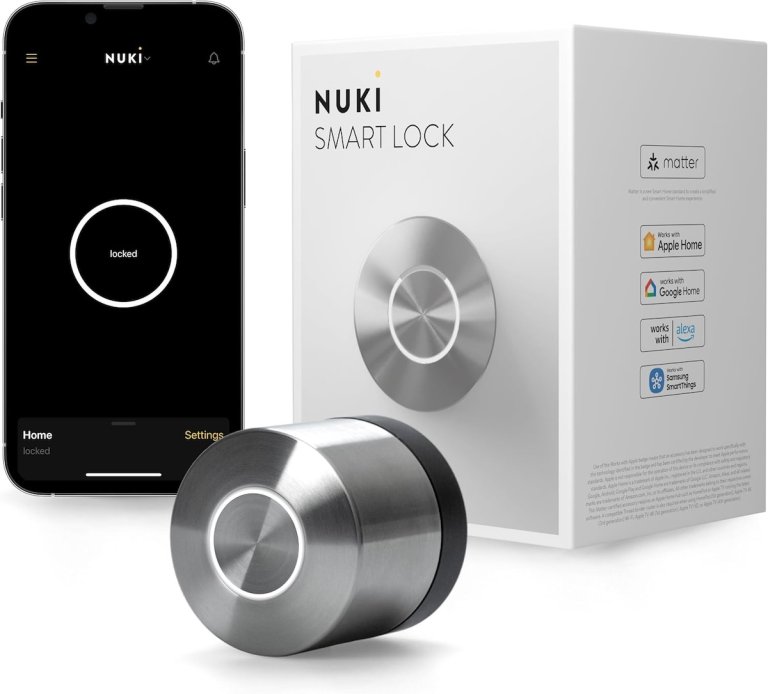 The Nuki smart lock with its packaging and a phone showing its app