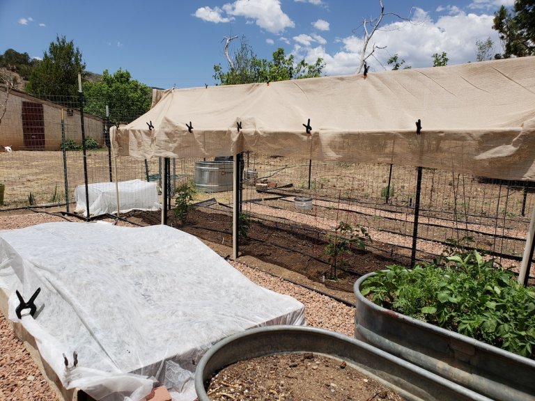 Row covers and shade cloth over vegetable garden beds.