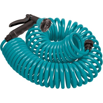 The Orbit 25-Foot Coil Garden Hose With 8-Pattern Nozzle on a white background