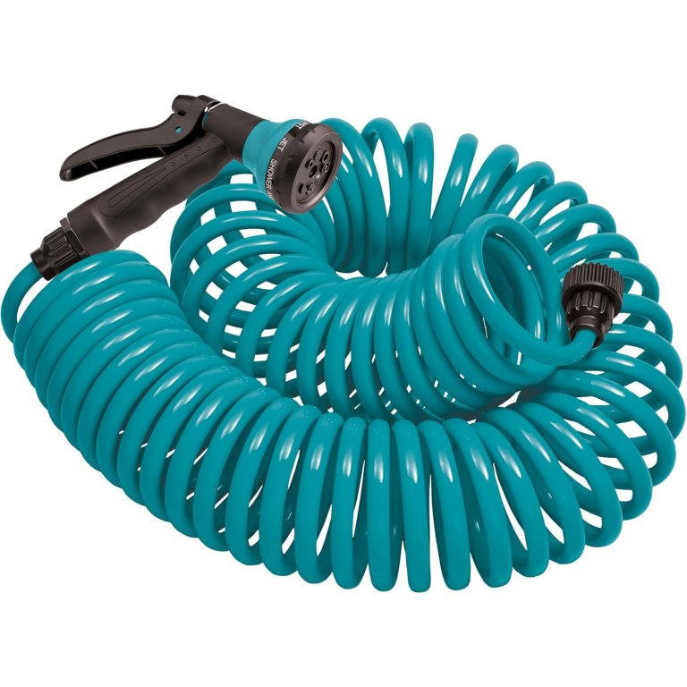 The Orbit 25-Foot Coil Garden Hose With 8-Pattern Nozzle on a white background