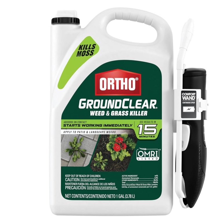 A jug Ortho GroundClear Weed and Grass Killer with its attached spray wand on a white background