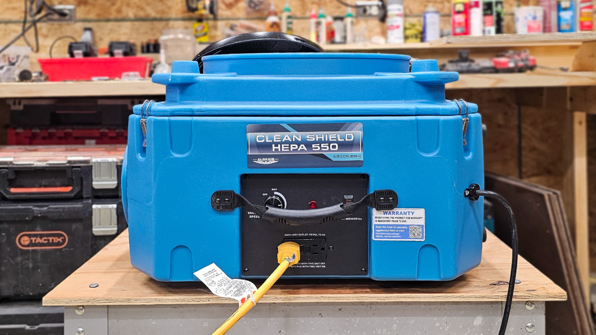 Plugging additional cords into the AlorAir CleanShield HEPA 550 Air Scrubber