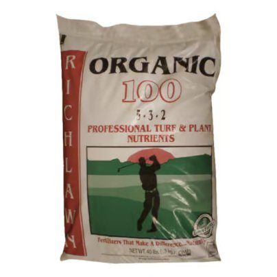 A bag of Richlawn 5-3-2 All-Purpose Lawn Fertilizer on a white background