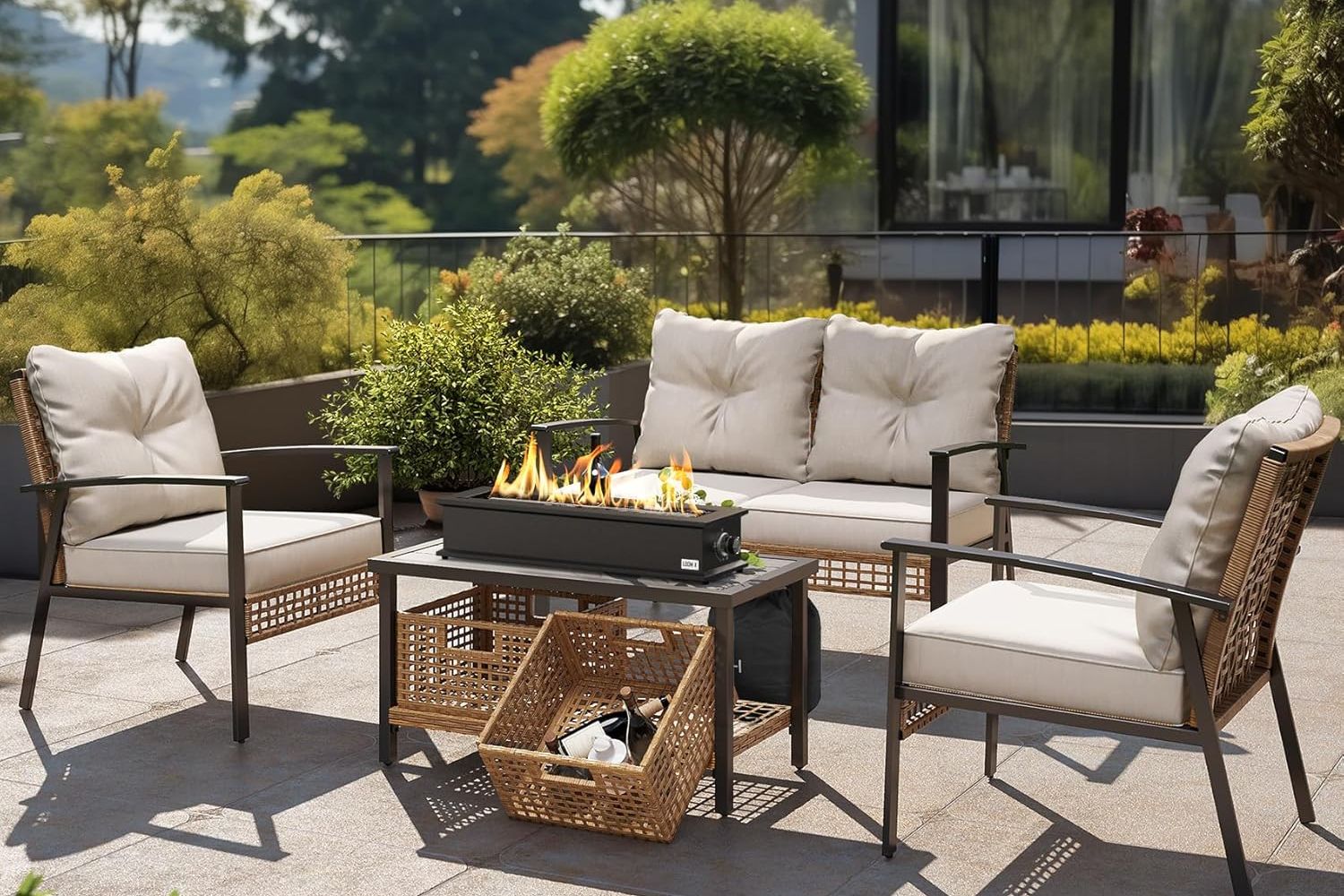 The Onlyfire Loom X Propane Tabletop Fire Pit surrounded by patio furniture