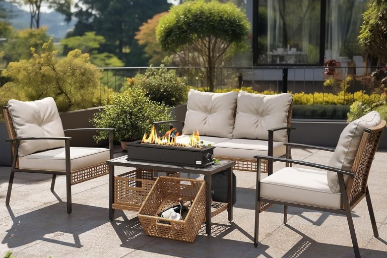 The Onlyfire Loom X Propane Tabletop Fire Pit surrounded by patio furniture